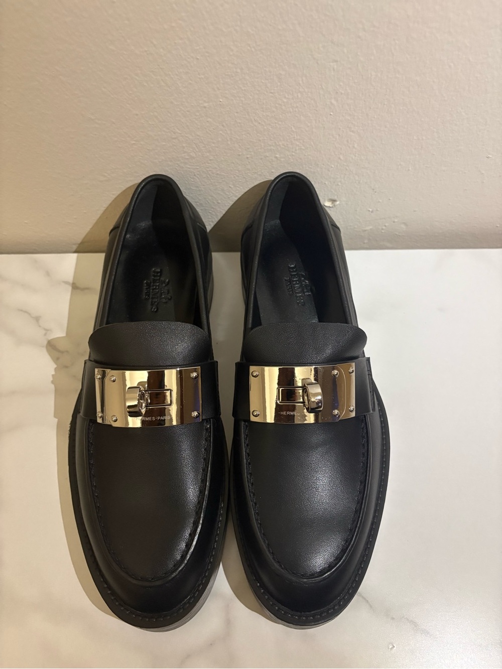 Hermes Hot Loafers Black Calfskin Leather Palladium Silver Kelly Buckle 36 Eu